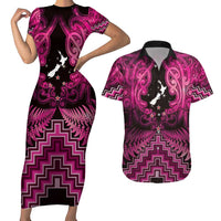 Personalised Aotearoa Matariki Couples Matching Short Sleeve Bodycon Dress and Hawaiian Shirt Pink Fern Maori Poutama LT01 Pink - Polynesian Pride