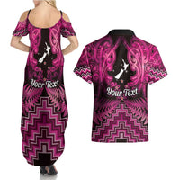 Personalised Aotearoa Matariki Couples Matching Summer Maxi Dress and Hawaiian Shirt Pink Fern Maori Poutama LT01 - Polynesian Pride