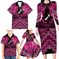 Personalised Aotearoa Matariki Family Matching Long Sleeve Bodycon Dress and Hawaiian Shirt Pink Fern Maori Poutama LT01 - Polynesian Pride