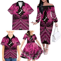 Personalised Aotearoa Matariki Family Matching Off The Shoulder Long Sleeve Dress and Hawaiian Shirt Pink Fern Maori Poutama LT01 - Polynesian Pride