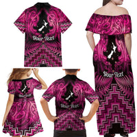 Personalised Aotearoa Matariki Family Matching Off Shoulder Maxi Dress and Hawaiian Shirt Pink Fern Maori Poutama LT01 - Polynesian Pride