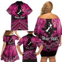 Personalised Aotearoa Matariki Family Matching Off Shoulder Short Dress and Hawaiian Shirt Pink Fern Maori Poutama LT01 - Polynesian Pride