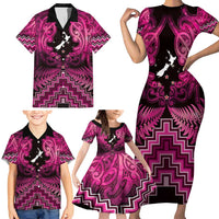 Personalised Aotearoa Matariki Family Matching Short Sleeve Bodycon Dress and Hawaiian Shirt Pink Fern Maori Poutama LT01 - Polynesian Pride
