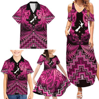 Personalised Aotearoa Matariki Family Matching Summer Maxi Dress and Hawaiian Shirt Pink Fern Maori Poutama LT01 - Polynesian Pride