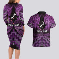 Personalised Aotearoa Matariki Couples Matching Long Sleeve Bodycon Dress and Hawaiian Shirt Purple Fern Maori Poutama LT01 - Polynesian Pride