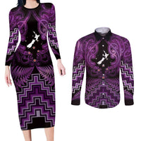 Personalised Aotearoa Matariki Couples Matching Long Sleeve Bodycon Dress and Long Sleeve Button Shirt Purple Fern Maori Poutama LT01 Purple - Polynesian Pride