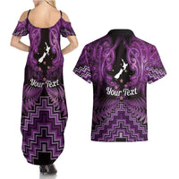 Personalised Aotearoa Matariki Couples Matching Summer Maxi Dress and Hawaiian Shirt Purple Fern Maori Poutama LT01 - Polynesian Pride
