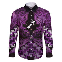 Personalised Aotearoa Matariki Family Matching Off The Shoulder Long Sleeve Dress and Hawaiian Shirt Purple Fern Maori Poutama LT01 Dad's Shirt - Long Sleeve Purple - Polynesian Pride