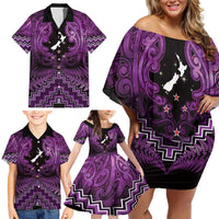 Personalised Aotearoa Matariki Family Matching Off Shoulder Short Dress and Hawaiian Shirt Purple Fern Maori Poutama LT01 - Polynesian Pride