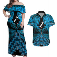 Personalised Aotearoa Matariki Couples Matching Off Shoulder Maxi Dress and Hawaiian Shirt Turquoise Fern Maori Poutama LT01 Turquoise - Polynesian Pride