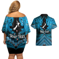 Personalised Aotearoa Matariki Couples Matching Off Shoulder Short Dress and Hawaiian Shirt Turquoise Fern Maori Poutama LT01 - Polynesian Pride