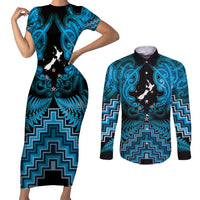 Personalised Aotearoa Matariki Couples Matching Short Sleeve Bodycon Dress and Long Sleeve Button Shirt Turquoise Fern Maori Poutama LT01 Turquoise - Polynesian Pride