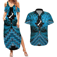 Personalised Aotearoa Matariki Couples Matching Summer Maxi Dress and Hawaiian Shirt Turquoise Fern Maori Poutama LT01 Turquoise - Polynesian Pride