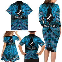 Personalised Aotearoa Matariki Family Matching Long Sleeve Bodycon Dress and Hawaiian Shirt Turquoise Fern Maori Poutama LT01 - Polynesian Pride