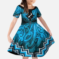 Personalised Aotearoa Matariki Family Matching Off The Shoulder Long Sleeve Dress and Hawaiian Shirt Turquoise Fern Maori Poutama LT01 Daughter's Dress Turquoise - Polynesian Pride