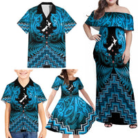 Personalised Aotearoa Matariki Family Matching Off Shoulder Maxi Dress and Hawaiian Shirt Turquoise Fern Maori Poutama LT01 - Polynesian Pride