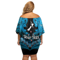 Personalised Aotearoa Matariki Family Matching Off Shoulder Short Dress and Hawaiian Shirt Turquoise Fern Maori Poutama LT01 - Polynesian Pride