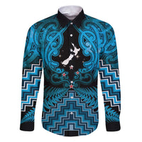 Personalised Aotearoa Matariki Family Matching Puletasi and Hawaiian Shirt Turquoise Fern Maori Poutama LT01 Dad's Shirt - Long Sleeve Turquoise - Polynesian Pride