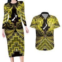 Personalised Aotearoa Matariki Couples Matching Long Sleeve Bodycon Dress and Hawaiian Shirt Yellow Fern Maori Poutama LT01 Yellow - Polynesian Pride