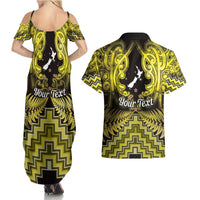 Personalised Aotearoa Matariki Couples Matching Summer Maxi Dress and Hawaiian Shirt Yellow Fern Maori Poutama LT01 - Polynesian Pride