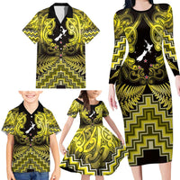 Personalised Aotearoa Matariki Family Matching Long Sleeve Bodycon Dress and Hawaiian Shirt Yellow Fern Maori Poutama LT01 - Polynesian Pride