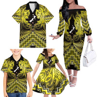 Personalised Aotearoa Matariki Family Matching Off The Shoulder Long Sleeve Dress and Hawaiian Shirt Yellow Fern Maori Poutama LT01 - Polynesian Pride
