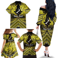 Personalised Aotearoa Matariki Family Matching Off The Shoulder Long Sleeve Dress and Hawaiian Shirt Yellow Fern Maori Poutama LT01 - Polynesian Pride