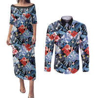 Hawaii Tropicana Blue Pattern Couples Matching Puletasi and Long Sleeve Button Shirt - Polynesian Pride