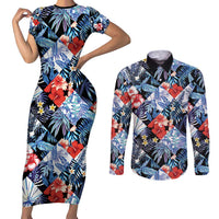 Hawaii Tropicana Blue Pattern Couples Matching Short Sleeve Bodycon Dress and Long Sleeve Button Shirt LT01 Blue - Polynesian Pride