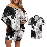 Black White Monotone Tropical Flowers Pattern Couples Matching Off Shoulder Short Dress and Hawaiian Shirt LT01 Black - Polynesian Pride