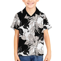 Black White Monotone Tropical Flowers Pattern Family Matching Off The Shoulder Long Sleeve Dress and Hawaiian Shirt - Polynesian Pride