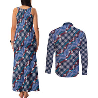 Polynesian Monstera Tiare Floral Couples Matching Tank Maxi Dress and Long Sleeve Button Shirt Royal Blue Tropical Plaid - Polynesian Pride