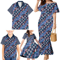 Polynesian Monstera Tiare Floral Family Matching Mermaid Dress and Hawaiian Shirt Royal Blue Tropical Plaid LT01 - Polynesian Pride