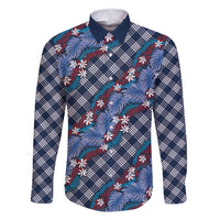 Polynesian Monstera Tiare Floral Family Matching Off Shoulder Short Dress and Hawaiian Shirt Royal Blue Tropical Plaid LT01 Dad's Shirt - Long Sleeve Blue - Polynesian Pride