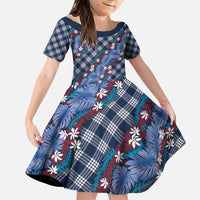 Polynesian Monstera Tiare Floral Family Matching Puletasi and Hawaiian Shirt Royal Blue Tropical Plaid LT01 Daughter's Dress Blue - Polynesian Pride