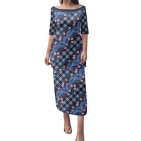 Polynesian Monstera Tiare Floral Family Matching Puletasi and Hawaiian Shirt Royal Blue Tropical Plaid LT01 Mom's Dress Blue - Polynesian Pride