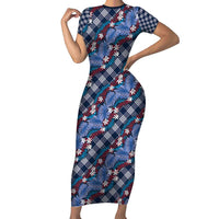 Polynesian Monstera Tiare Floral Family Matching Short Sleeve Bodycon Dress and Hawaiian Shirt Royal Blue Tropical Plaid LT01 Mom's Dress Blue - Polynesian Pride