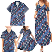 Polynesian Monstera Tiare Floral Family Matching Summer Maxi Dress and Hawaiian Shirt Royal Blue Tropical Plaid LT01 - Polynesian Pride