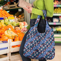 Polynesian Monstera Tiare Floral Grocery Bag Royal Blue Tropical Plaid - Polynesian Pride