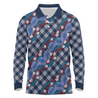 Polynesian Monstera Tiare Floral Long Sleeve Polo Shirt Royal Blue Tropical Plaid - Polynesian Pride