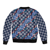Polynesian Monstera Tiare Floral Sleeve Zip Bomber Jacket Royal Blue Tropical Plaid - Polynesian Pride