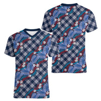 Polynesian Monstera Tiare Floral Women V-Neck T-Shirt Royal Blue Tropical Plaid - Polynesian Pride