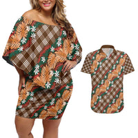 Polynesian Monstera Tiare Floral Couples Matching Off Shoulder Short Dress and Hawaiian Shirt Chocolate Brown Tropical Plaid LT01 Brown - Polynesian Pride