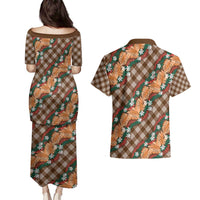 Polynesian Monstera Tiare Floral Couples Matching Puletasi and Hawaiian Shirt Chocolate Brown Tropical Plaid - Polynesian Pride
