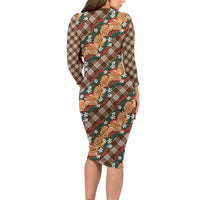 Polynesian Monstera Tiare Floral Family Matching Long Sleeve Bodycon Dress and Hawaiian Shirt Chocolate Brown Tropical Plaid LT01 - Polynesian Pride