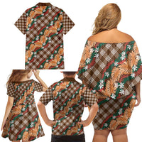 Polynesian Monstera Tiare Floral Family Matching Off Shoulder Short Dress and Hawaiian Shirt Chocolate Brown Tropical Plaid LT01 - Polynesian Pride