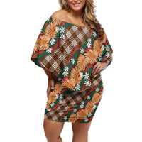Polynesian Monstera Tiare Floral Family Matching Off Shoulder Short Dress and Hawaiian Shirt Chocolate Brown Tropical Plaid LT01 Mom's Dress Brown - Polynesian Pride