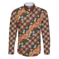 Polynesian Monstera Tiare Floral Family Matching Puletasi and Hawaiian Shirt Chocolate Brown Tropical Plaid LT01 Dad's Shirt - Long Sleeve Brown - Polynesian Pride
