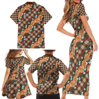 Polynesian Monstera Tiare Floral Family Matching Short Sleeve Bodycon Dress and Hawaiian Shirt Chocolate Brown Tropical Plaid LT01 - Polynesian Pride