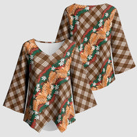 Polynesian Monstera Tiare Floral Kimono Sleeve Blouse Chocolate Brown Tropical Plaid LT01 - Polynesian Pride